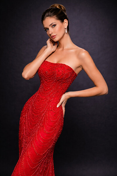 VİONELLA LUCIA Straplez Kırmızı Dantelli Kına / Nişan Elbisesi