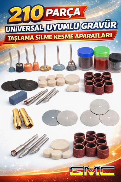 GMC Power Tools GMC 210 Parça Universal Tüm Markalara Uyumlu Gravür Taşlama Seti