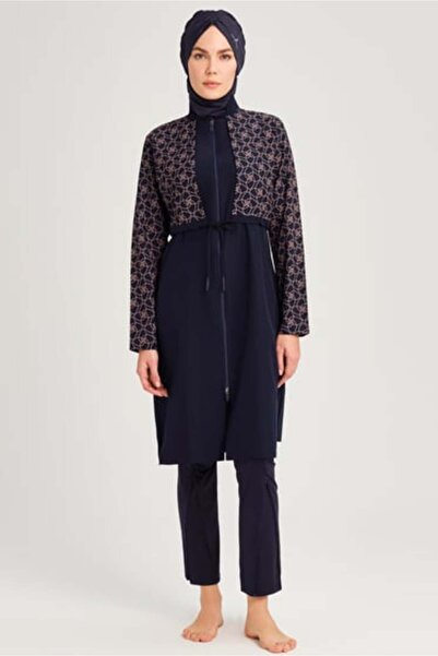 Haşema Elisa Cord Detailed Navy Blue Jelly Full Hijab Swimsuit Top