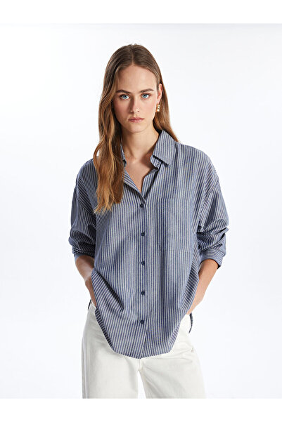 LC Waikiki Gulis gi̇yi̇mden blue striped long sleeve oversized linen blend wo...