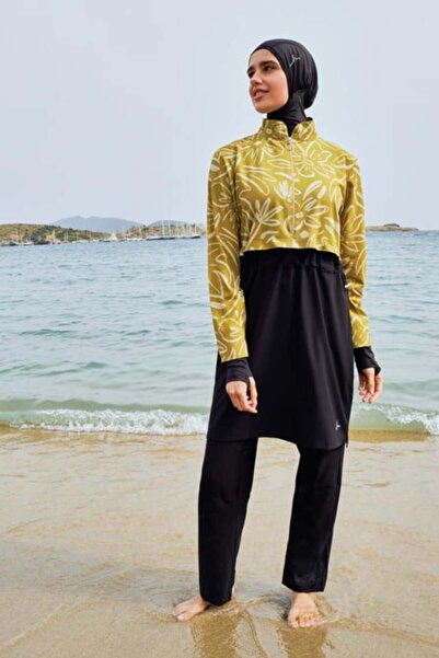 Haşema Esila Jileli Full Hijab Swimsuit Top-Black-Khaki