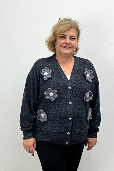 Mia Butik Women's Black Daisy Detailed Stylish Cardigan