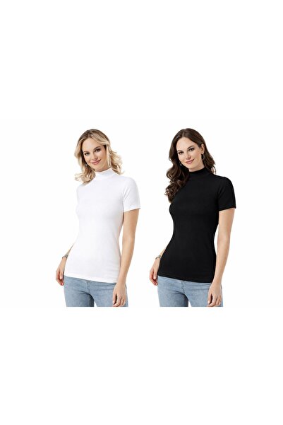 KOTA 2'li Paket Kadın Yarım Balıkçı yaka kısa kollu Body Atlet-Esnek Pamuklu