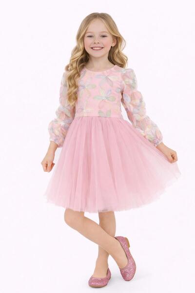 Nacar 23 Nisan 29 Ekim Gösteri Kıyafeti Kız Çocuk Çiçek Desenli Pembe Tül Elbise