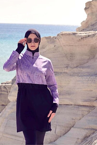 Haşema Esila Monogram Patterned Hijab Swimsuit Top-09 Lilac