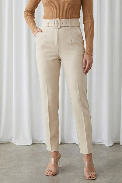 MODAQU Belted Fabric Beige Trousers
