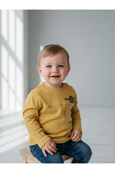 Zekids Baby Boy Cotton Thin Long Sleeve T-Shirt with Text Detail