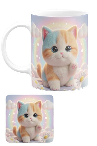 remonz Cute Kitten Special Design Illustration Mug with Cat Figure and Square...