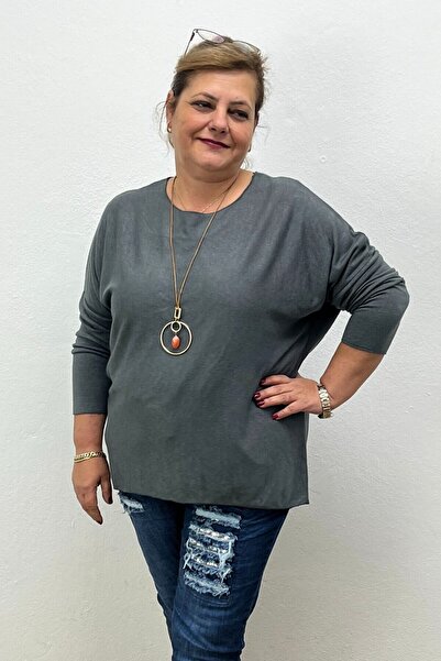 Mia Butik Plus Size Italian Angora Gray Blouse (Fits up to Size 54)