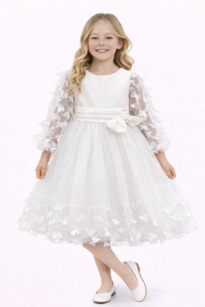 Nacar 23 Nisan 29 Ekim Gösteri Kıyafeti Kız Çocuk Çiçek Detaylı Beyaz Tül Elbise