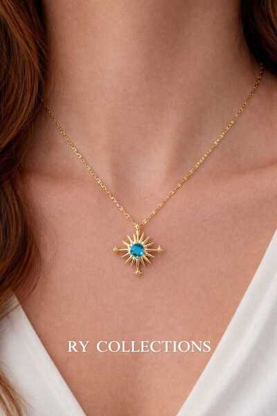 rycollections قلادة نورث ستار من حجر الأوبال الأزرق مع سلسلة ذهبية من الفولاذ