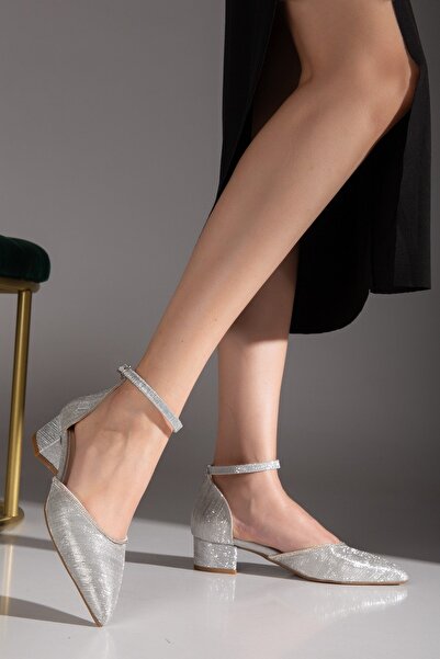 ALPELLİByAlp Women's Silver Glitter Stone Detailed Pointed Toe Ankle Strap Sh...
