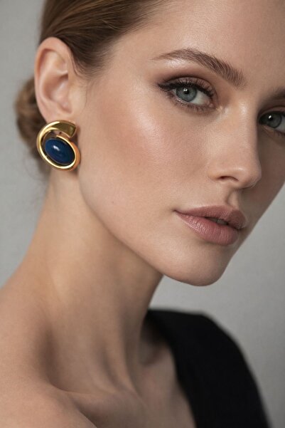 Solare Accessories Lacivert Taş Detaylı Altın Kaplama Vintage Sarmal Küpe (Hi...