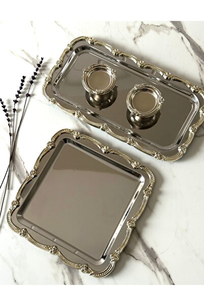 ozbience Şık Gümüş Söz Nişan Seti, Çay ve Kahve Sunum Tepsisi (21x21, 33x17)