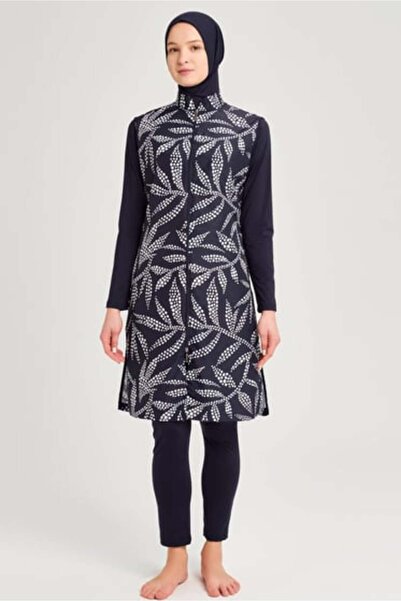 Haşema Set costum de baie cu model Nehar, bleumarin, 3 piese, cu hijab 2252