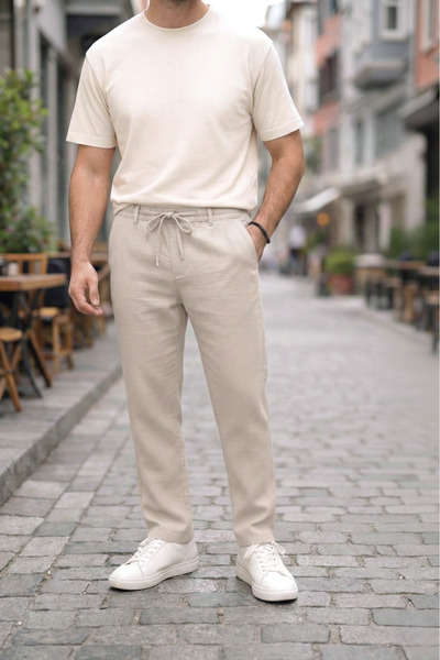 TheSeason Men's Beige Relaxed Fit 100% Pure Linen Trousers