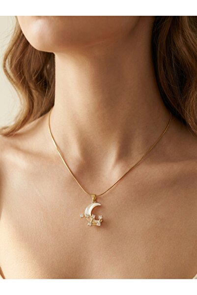 Craftique White Sparkling Moon Crescent and Constellation Steel Necklace – Mi...