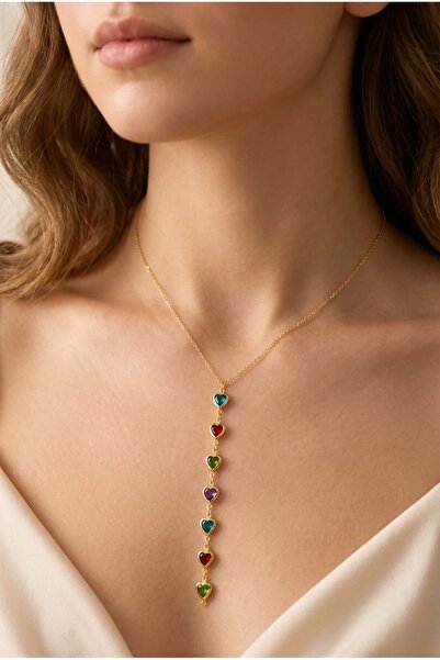 Craftique Y Model Çok Renkli Kalp Taşlı Gold Zincir Kadın Çelik Kolye | Minim...