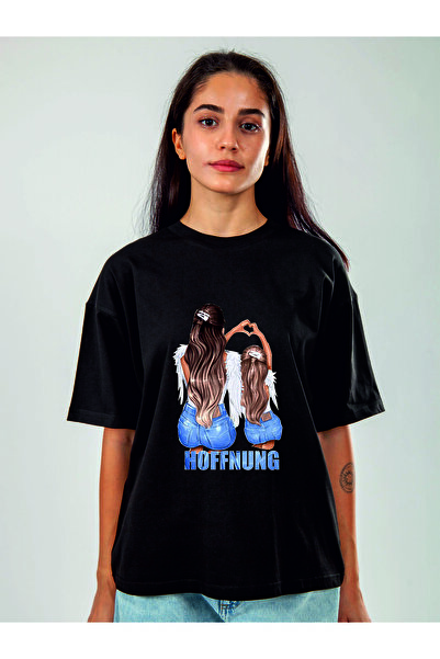 HOFFNUNG Unisex Short Sleeve Round Neck Mother Daughter Printed Solid Color t...