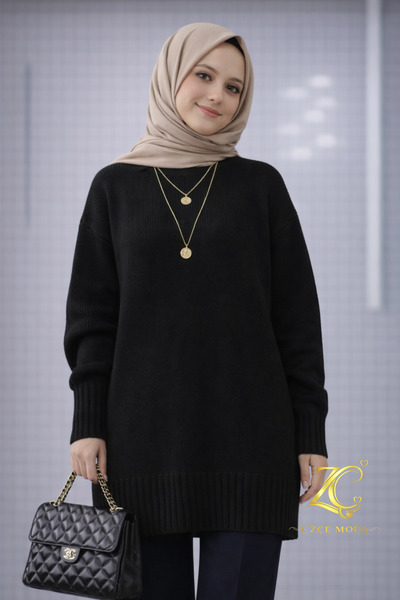 UZÇE MODA Black Color Crew Neck Oversize Knitwear Sweater Tunic