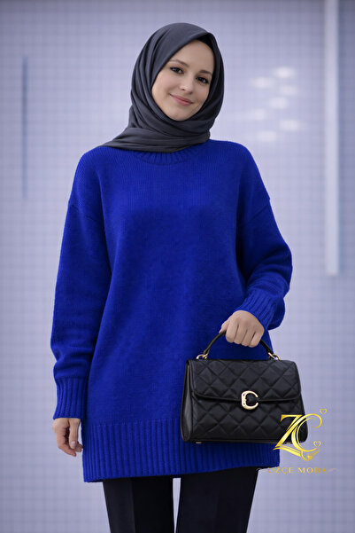 UZÇE MODA سترة تونيك تريكو كبيرة الحجم ذات ياقة دائرية باللون الأزرق من ساكس