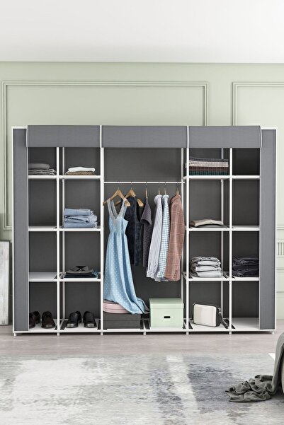 DZGN HOME Çok Amaçlı Bez Dolap 18 Raflı Hangar Boy Gardırop Gri