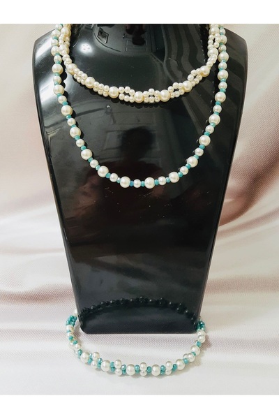 Butik Cream Pearl Interspersed with Turquoise Glass Bead Closures Steel 2-Pie...