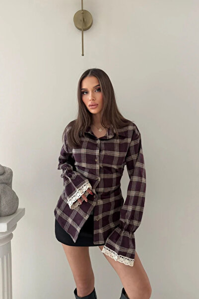 MOZENA Cămașă în carouri cu detaliu din dantelă la mâneci și legătură la spate