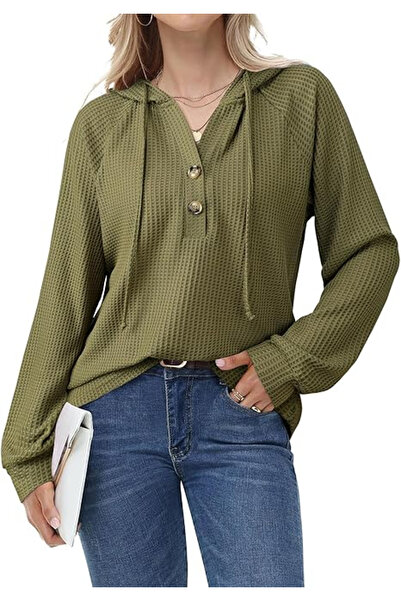 Bodhi Bluză verde texturată, lejeră, cu mâneci lungi, decolteu în V cu nastur...