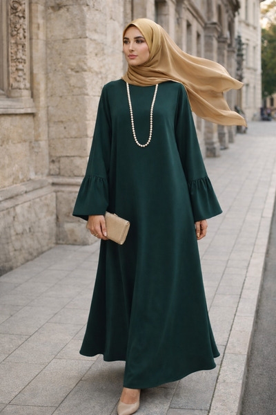me like home Orman Yeşili Fırfır Kol Detaylı Medine İpeği Elbise