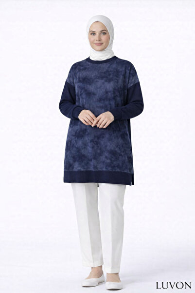 LUVON zarafet güvenle başlar Navy Blue Silk Cupra Slit Mercerized Women's Kni...