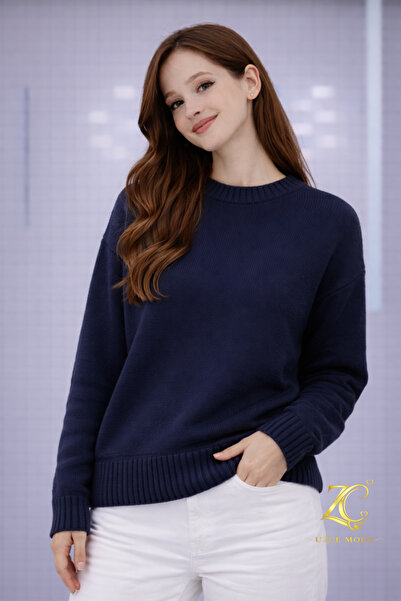 UZÇE MODA Premium Navy Blue Color Crew Neck Oversize Women's Knitwear Sweater