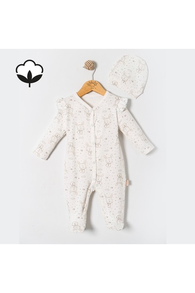 Overdo %100 Pamuklu Tavşan Desenli Kız Bebek Tulum 0-3 3-6 6-9 Ay