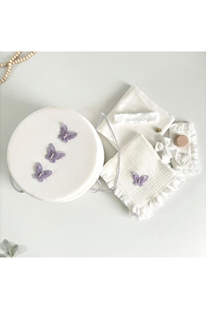 Anya-Events Μουσλίνα βαπτιστική βαλίτσα + κουτί βαλίτσας με λιλά πεταλούδες