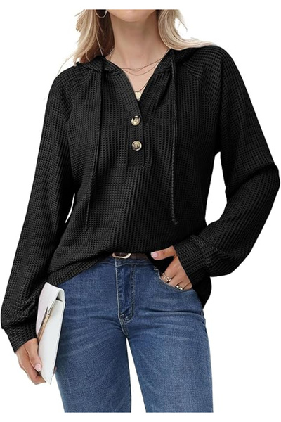 Bodhi Bluză neagră texturată, lejeră, cu mâneci lungi, decolteu în V cu nastu...
