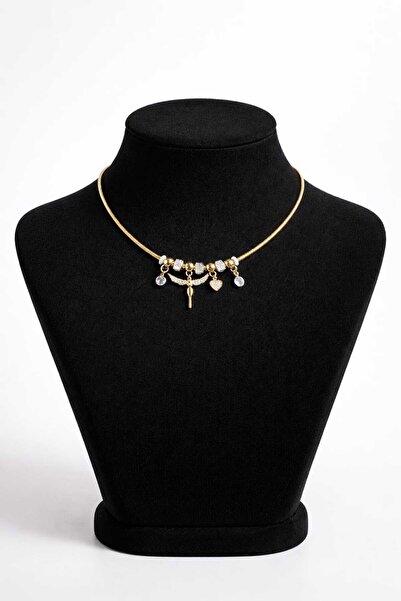 mdm style Işıltılı Melek Kanadı ve Kalp Detaylı Gold Charm Kolye