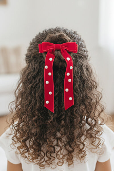 chipiques Inci Bezeli Kırmızı Kadife Kuyruklu Balerin Fiyonk Klips