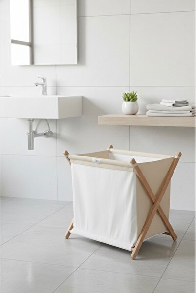 Ahşap Masif Katlanabilir Kirli Çamaşır Sepeti - Modern Bez Torbalı Banyo Düze...