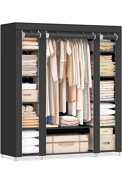 DZGN HOME Bez Dolap Geniş Hacimli 14 Raflı Dolap Chery Gardırop Siyah
