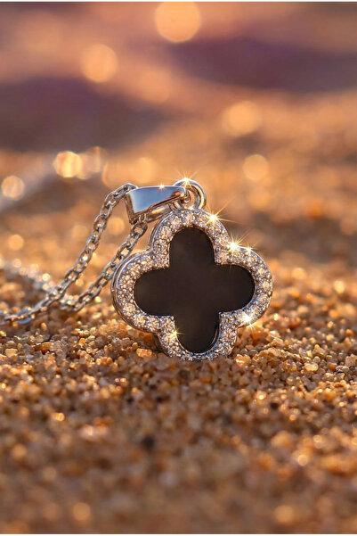 LYKOS Çelik Gümüş Renk Siyah Mineli Zirkon Taşlı Yonca Figürlü Kolye