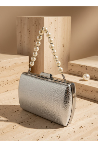 Biçanta Silver Color Snake Shell Pattern Pearl Detail Chain Strap Women Eveni...