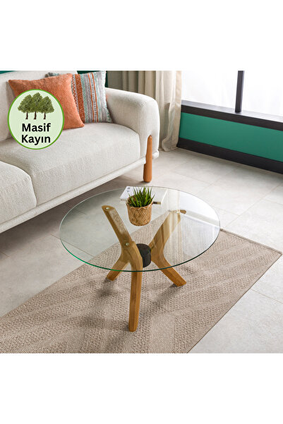 furnirem 3 Ayaklı Yuvarlak Cam Orta Sehpa 66 cm – Şeffaf Temperli Cam, Meşe R...