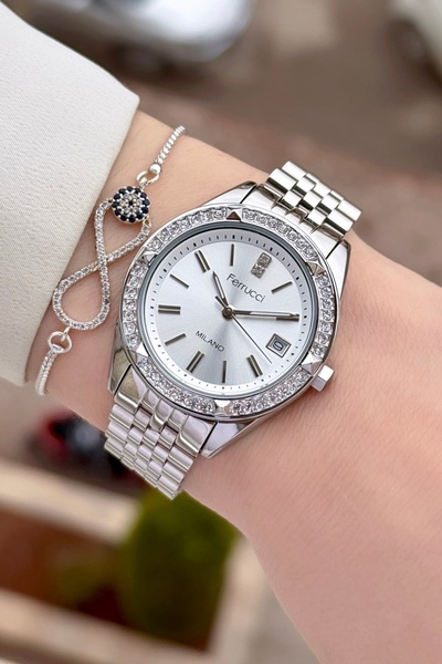 Ferrucci ساعة يد نسائية وسوار معدني اللون بضمان لمدة عامين مقاس 34 مم