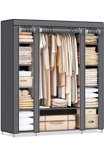DZGN HOME Bez Dolap Geniş Hacimli 14 Raflı Dolap Chery Gardırop Gri