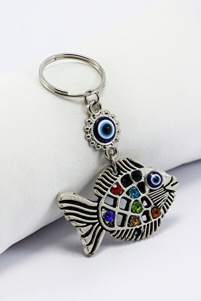 Ennea Art سلسلة مفاتيح معدنية على شكل سمكة مزينة بحجر لامع وخرزة العين الشرير...