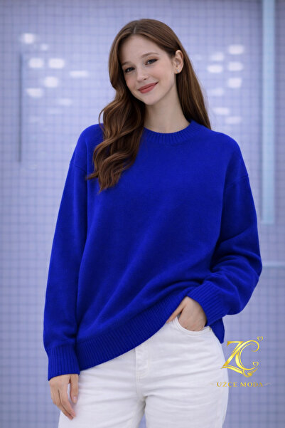 UZÇE MODA Premium Saks Blue Color Crew Neck Oversize Women's Knitwear Sweater