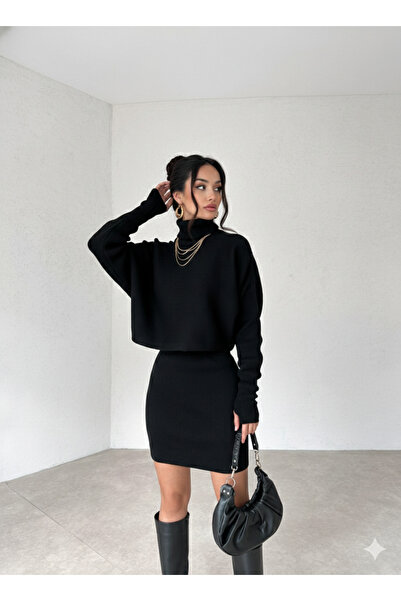 MAMMY Kadın Siyah Triko Boğazlı Kazak Mini Etek İkili Takım Kışlık Şık Kombin