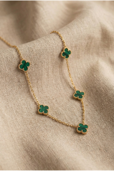 LYKOS Çelik Gold Renk Minimal Yeşil Mineli Yonca Kolye