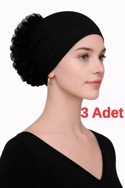 Jusmart 3 Adet Siyah Pamuklu Dikişsiz Fırfırlı Topuz Bonesi ◆ Kaymayan Yapı ◆...