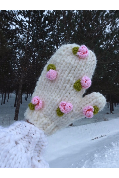 HEYAYS Güllü El Örgüsü Yün Eldiven Krem